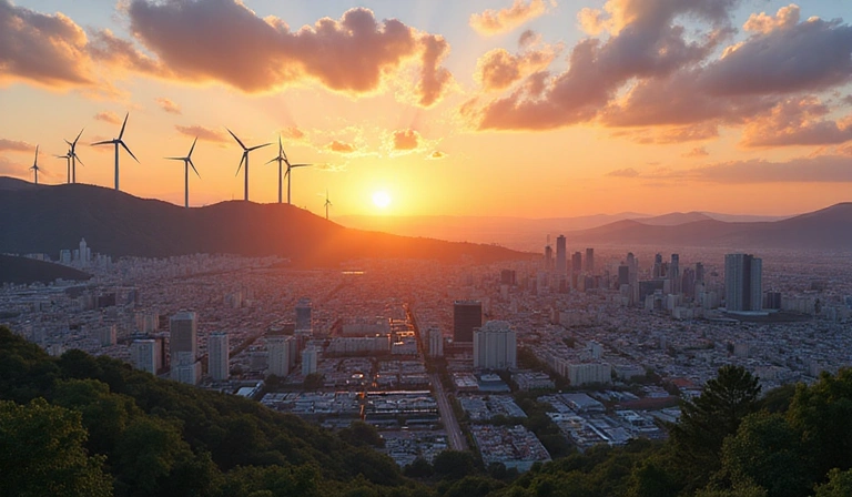 Città futuristica alimentata da energia eolica e solare