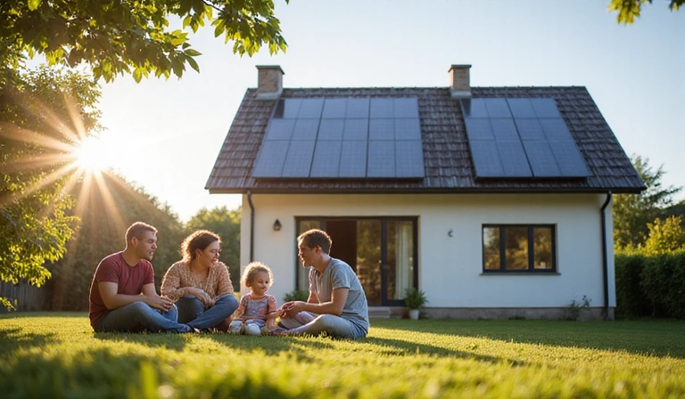 Famiglia felice che usa energia solare a casa