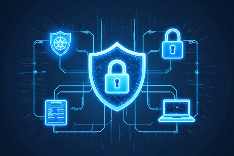 Icone di sicurezza digitale che rappresentano protezione dei dati, crittografia e firewall