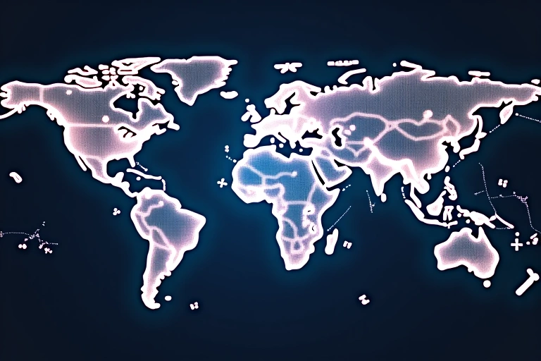 Mappa del mondo illuminata con punti di connessione dati, simboleggiando trasferimenti internazionali sicuri