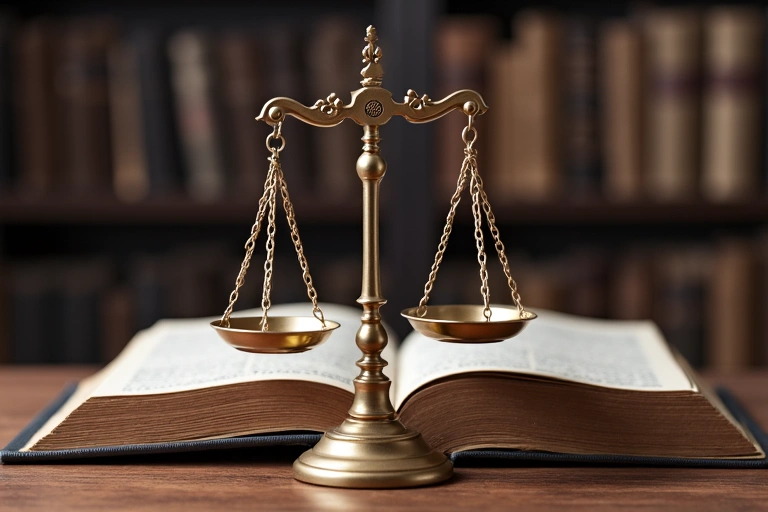 Bilancia della giustizia e un libro di leggi, simboli di equità e legalità.