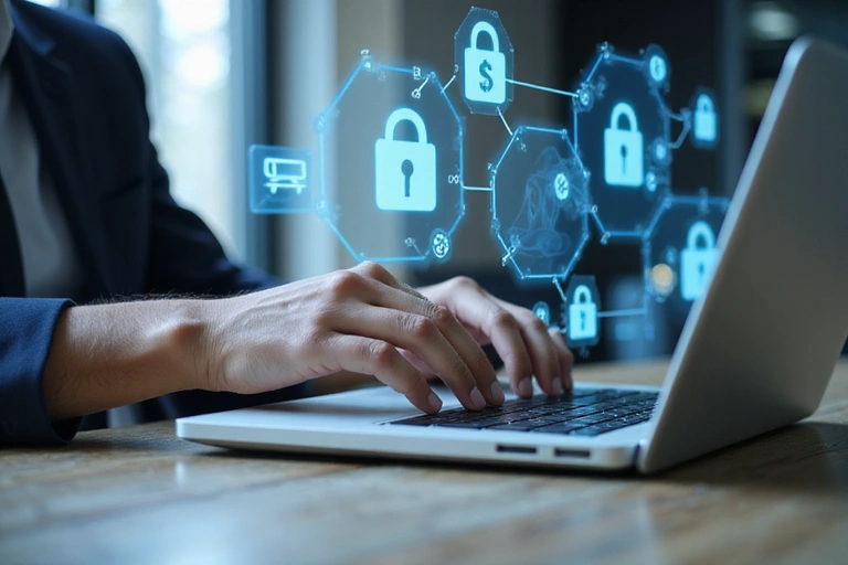 Persona che effettua un pagamento online sicuro, con elementi grafici che indicano crittografia e protezione dei dati.