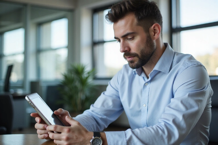 Uomo che legge un documento legale su un tablet, simbolo di trasparenza e comprensione dei termini.